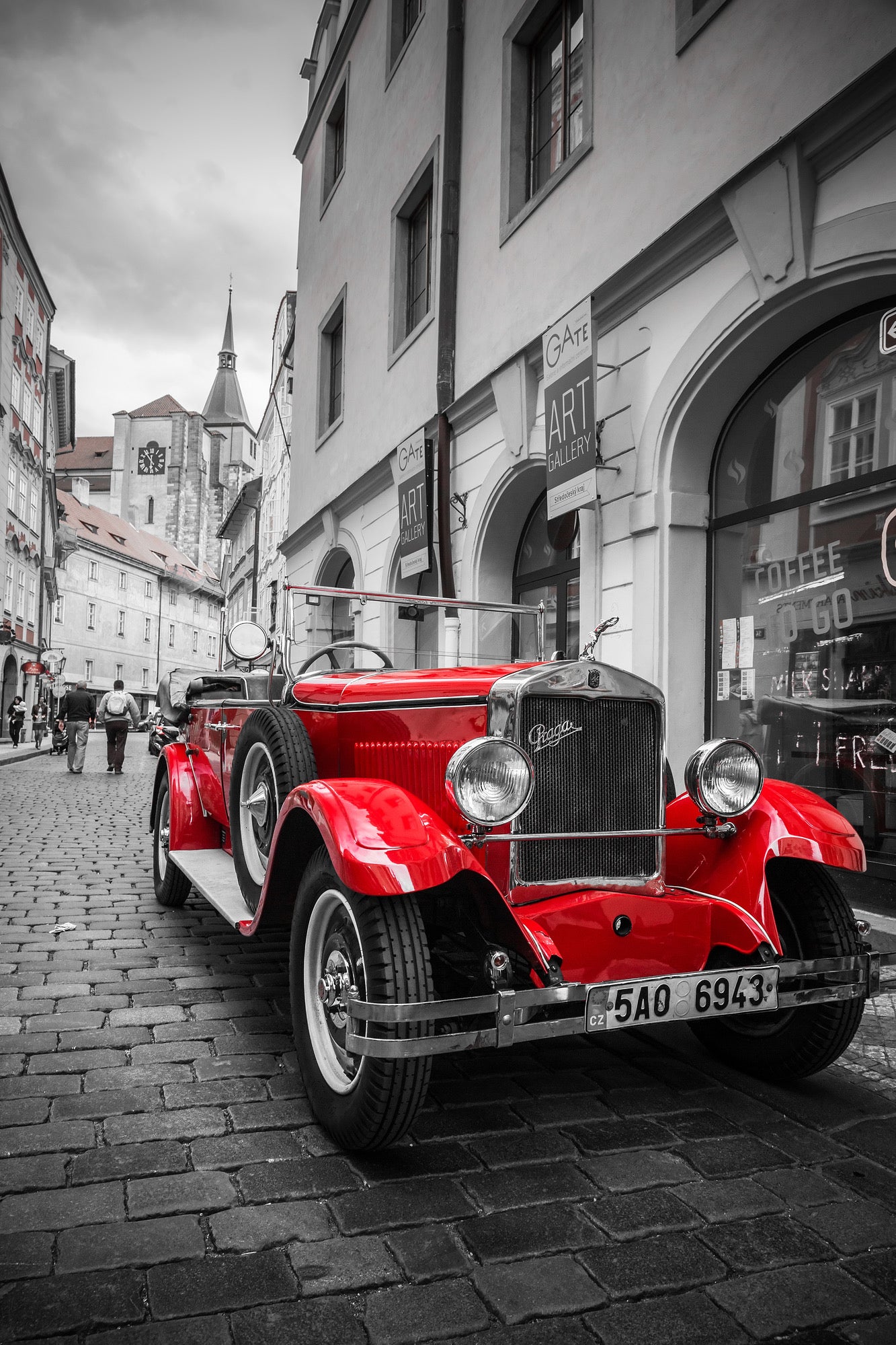 Red Car on Street B&W Photograph Home Decor Premium Quality Poster Print Choose Your Sizes