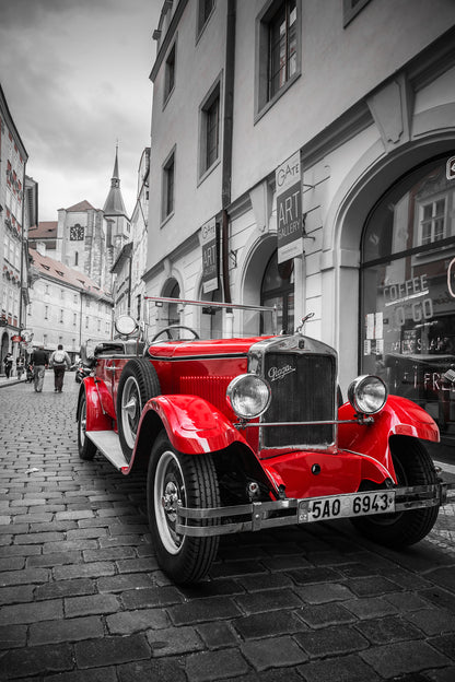 Red Car on Street B&W Photograph Home Decor Premium Quality Poster Print Choose Your Sizes