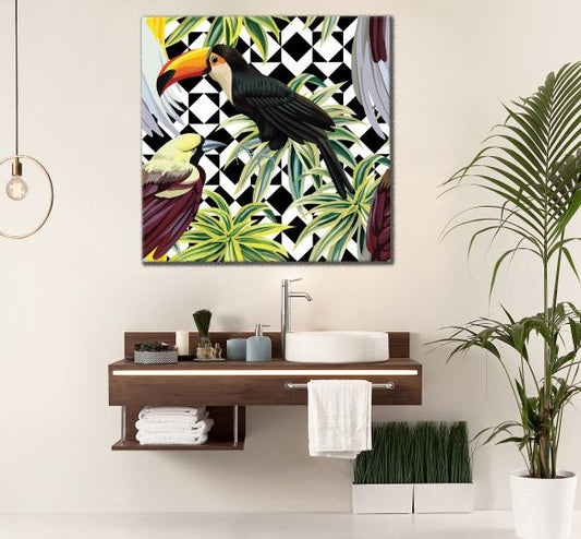 Square Canvas Toucan & Parrot with Green Leaves Digital Design High Quality Print 100% Australian Made