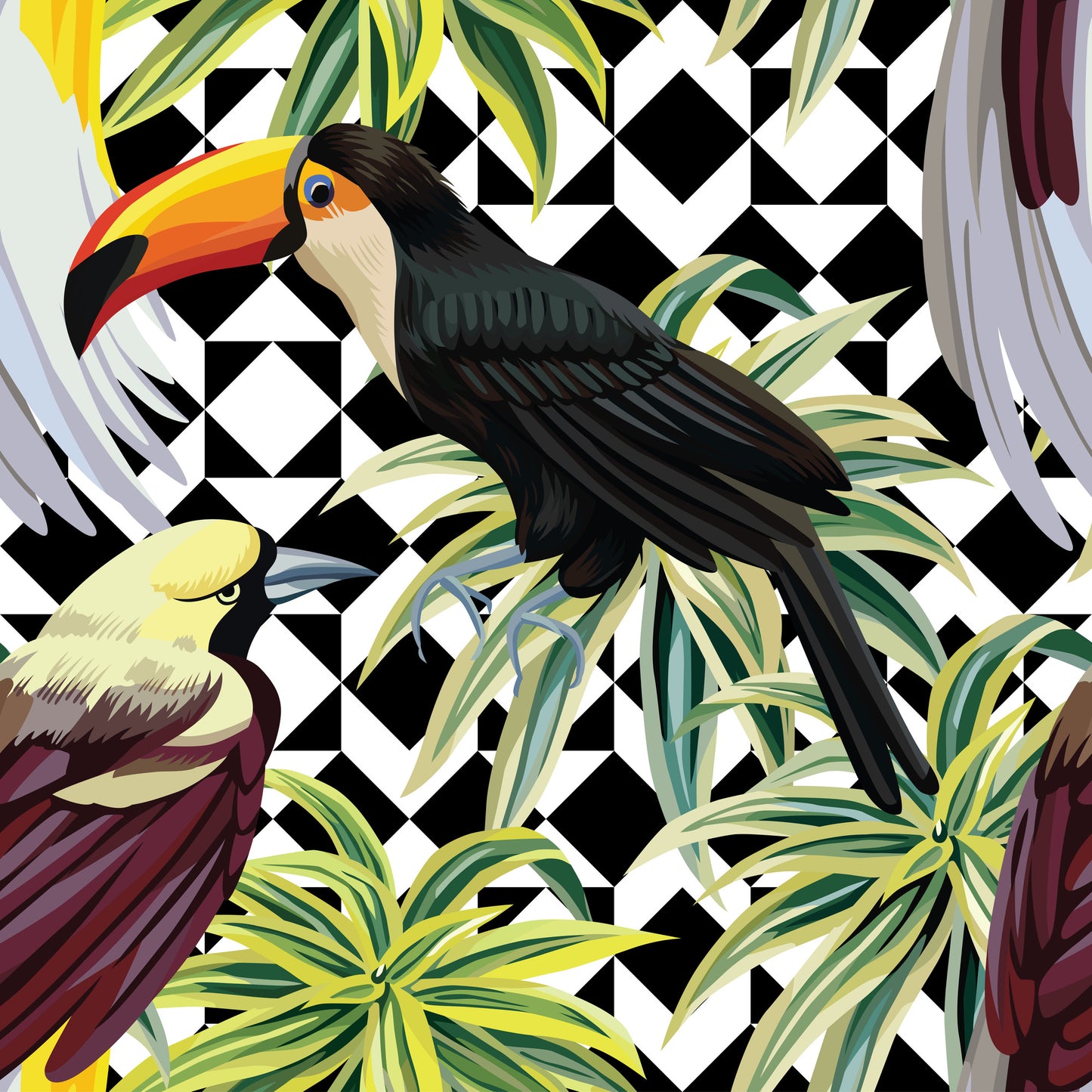 Square Canvas Toucan & Parrot with Green Leaves Digital Design High Quality Print 100% Australian Made