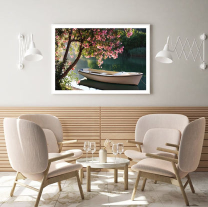Boat on Lake & Blossom Tree View Home Decor Premium Quality Poster Print Choose Your Sizes