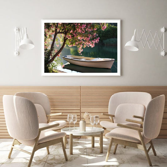 Boat on Lake & Blossom Tree View Home Decor Premium Quality Poster Print Choose Your Sizes