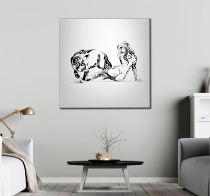 Square Canvas Wolf & Girl B&W Line Art Design High Quality Print 100% Australian Made