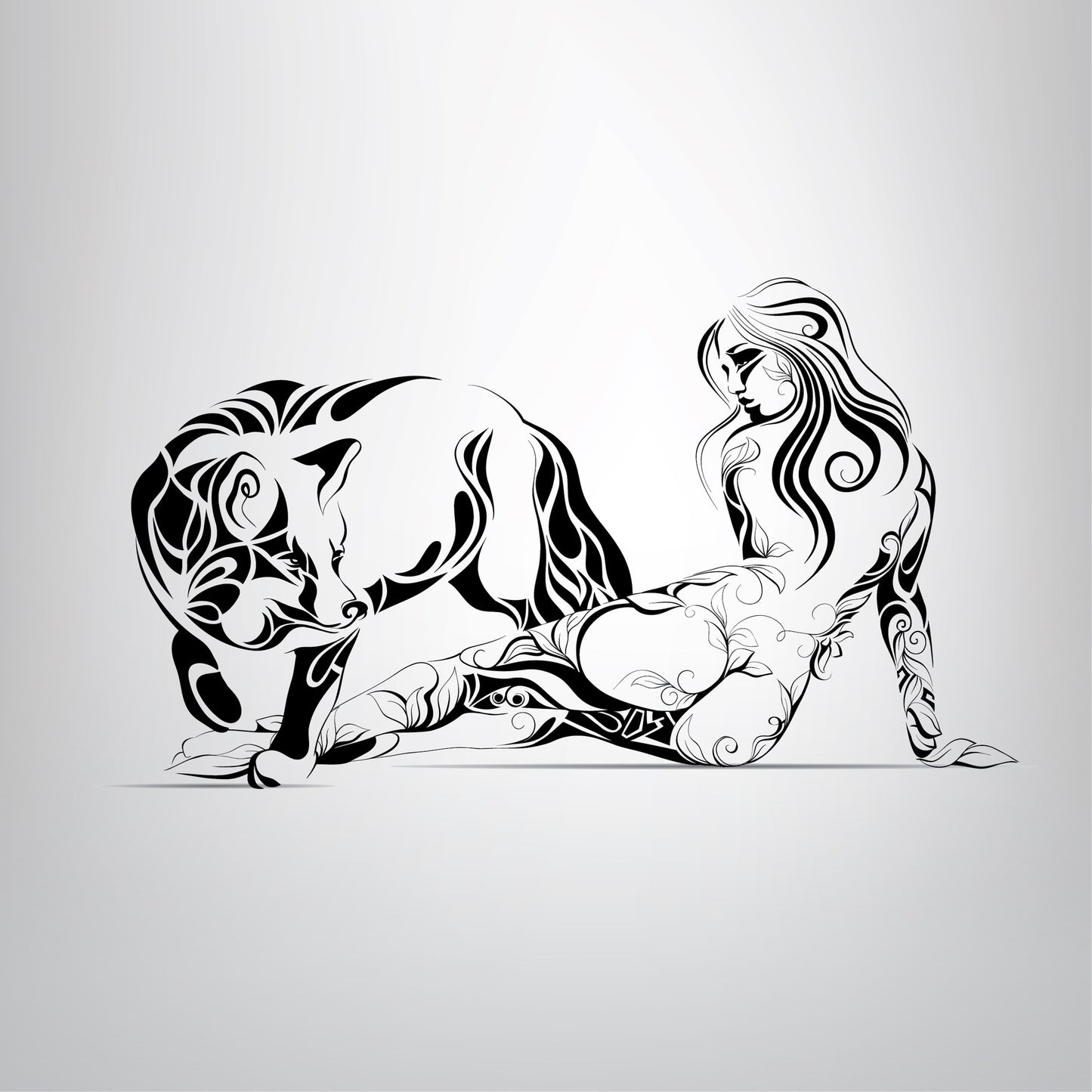 Square Canvas Wolf & Girl B&W Line Art Design High Quality Print 100% Australian Made