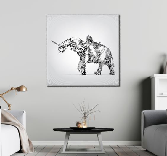 Square Canvas Girl on Elephant B&W Line Art Design High Quality Print 100% Australian Made