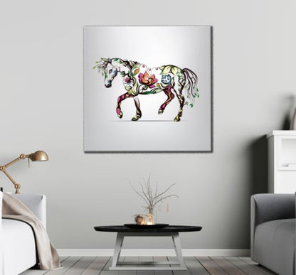 Square Canvas Colorful Floral Horse Design High Quality Print 100% Australian Made