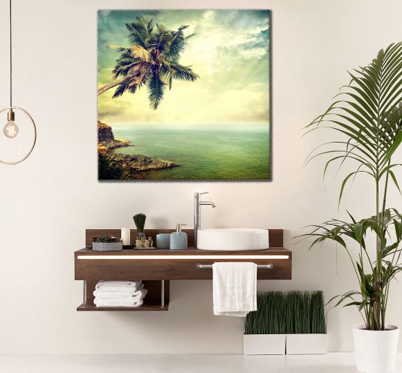 Square Canvas Sea & Palm Tree Scenery Photograph High Quality Print 100% Australian Made