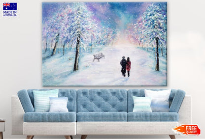 Couple Walking in Snow Forest Park Oil Painting Print 100% Australian Made