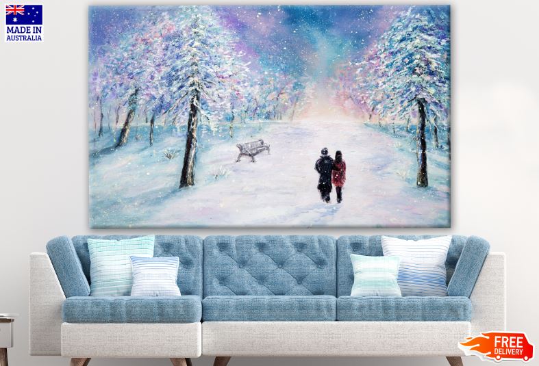 Couple Walking on Snow Covered Road Watercolor Painting Print 100% Australian Made