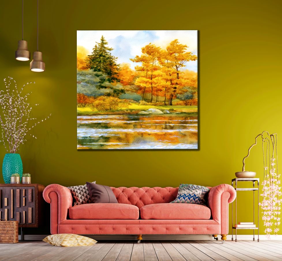 Square Canvas Colorful Lake & Forest Watercolor Painting High Quality Print 100% Australian Made