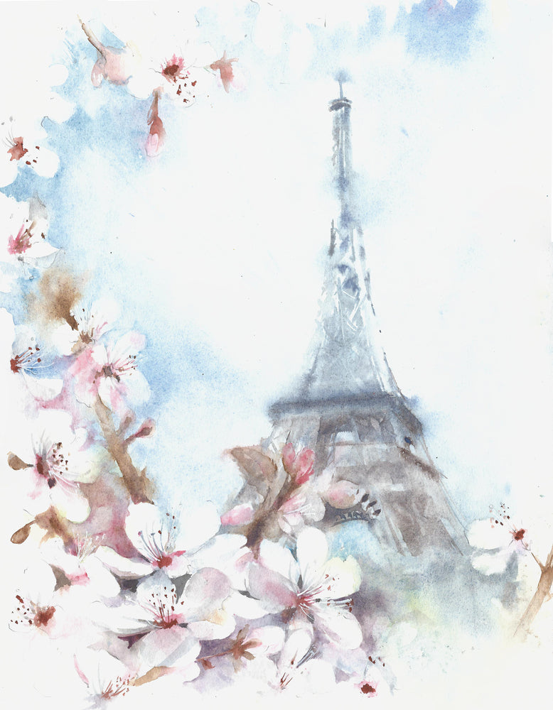 Eiffel Tower & Flowers Watercolor Painting Print 100% Australian Made