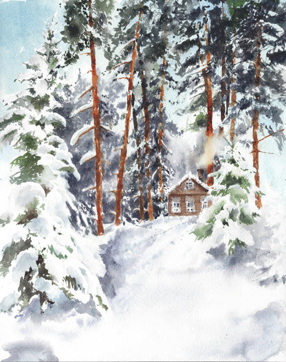 Forest & House in Snow Watercolor Painting Print 100% Australian Made
