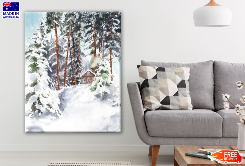 Forest & House in Snow Watercolor Painting Print 100% Australian Made