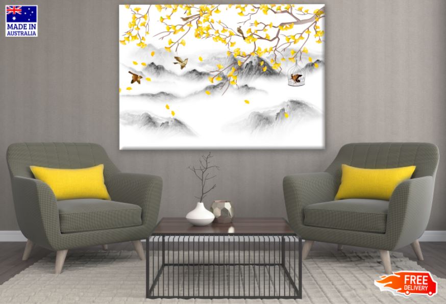 Birds, Trees & Mountain View Painting Print 100% Australian Made