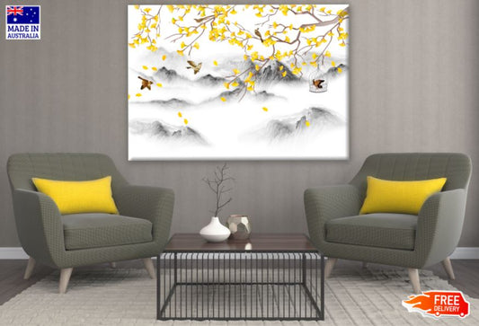 Birds, Trees & Mountain View Painting Print 100% Australian Made