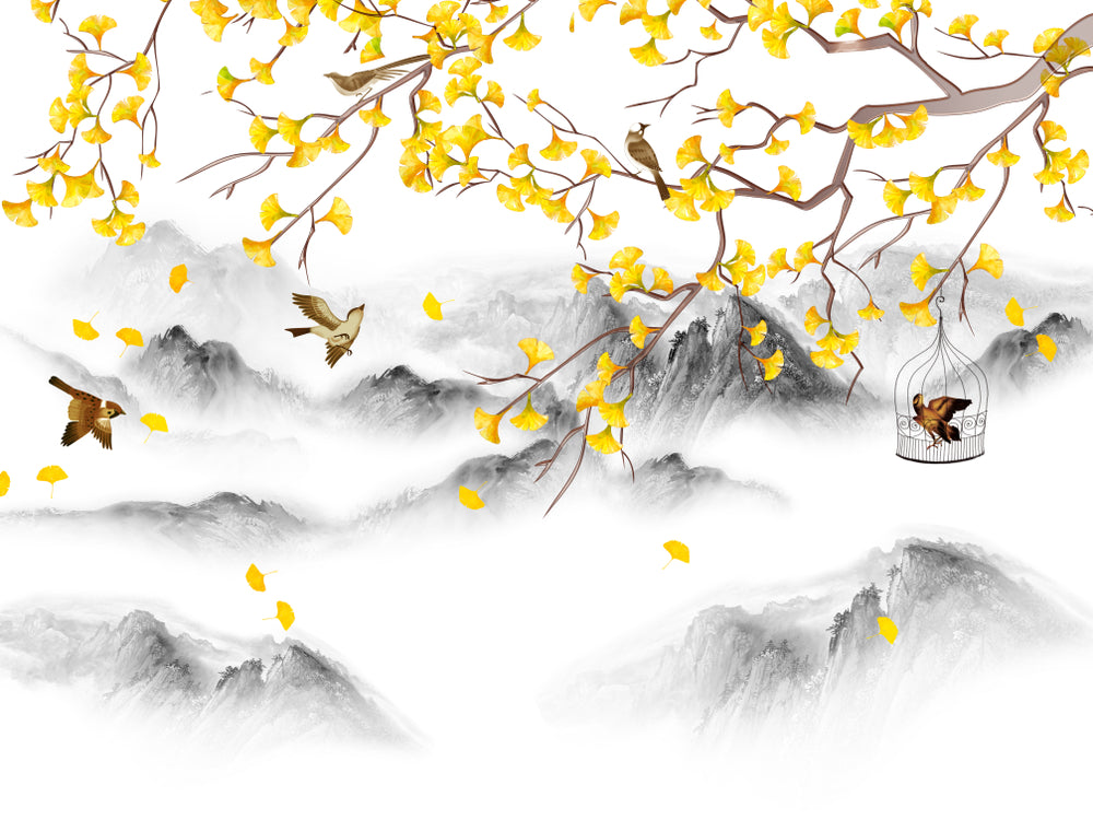 Birds, Trees & Mountain View Painting Print 100% Australian Made