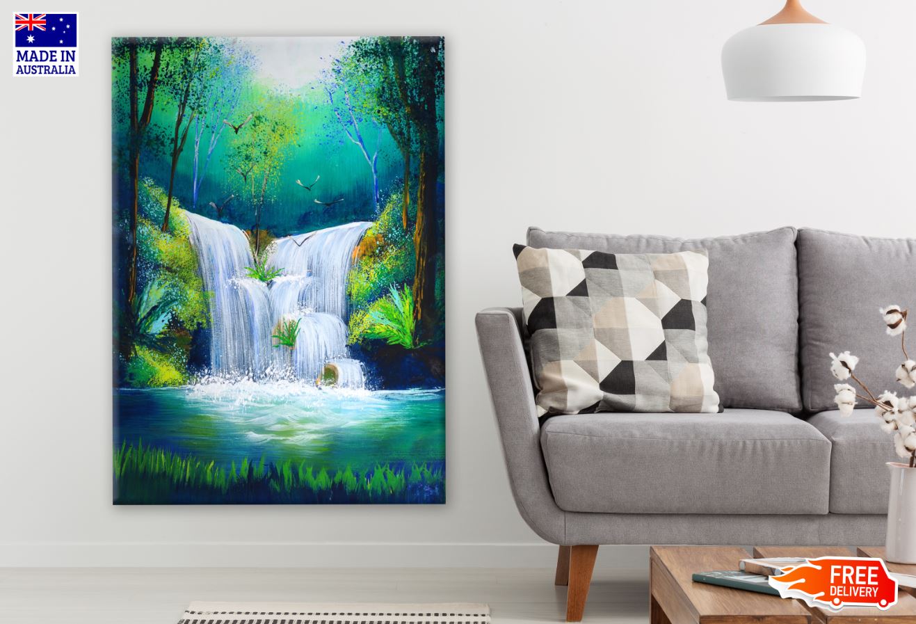 Waterfall in Forest Scenery Oil Painting Print 100% Australian Made