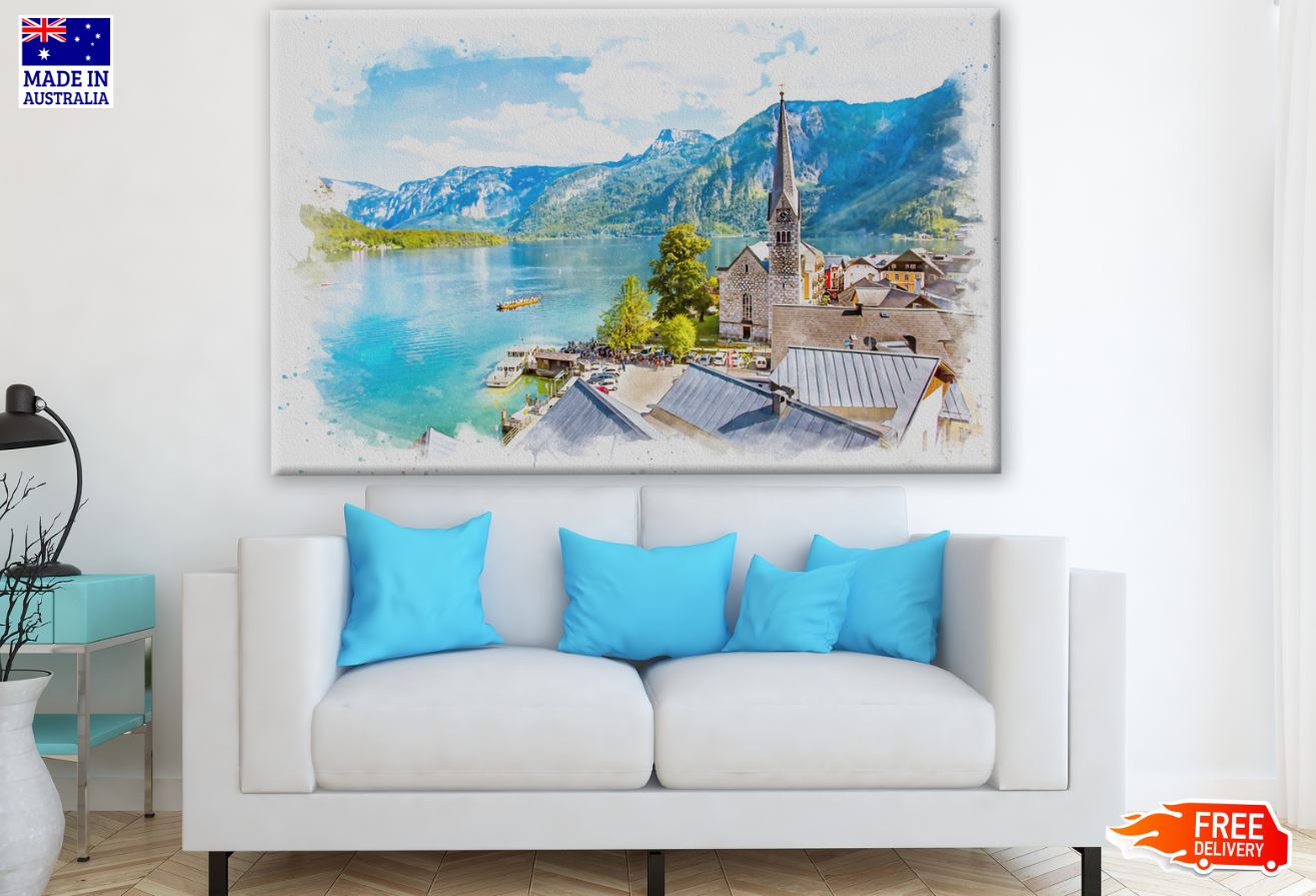 Watercolor Painting of Beautiful View Point of Hallstatt Painting Print 100% Australian Made