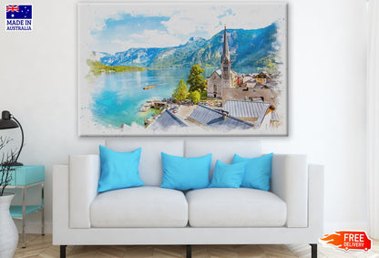 Watercolor Painting of Beautiful View Point of Hallstatt Painting Print 100% Australian Made