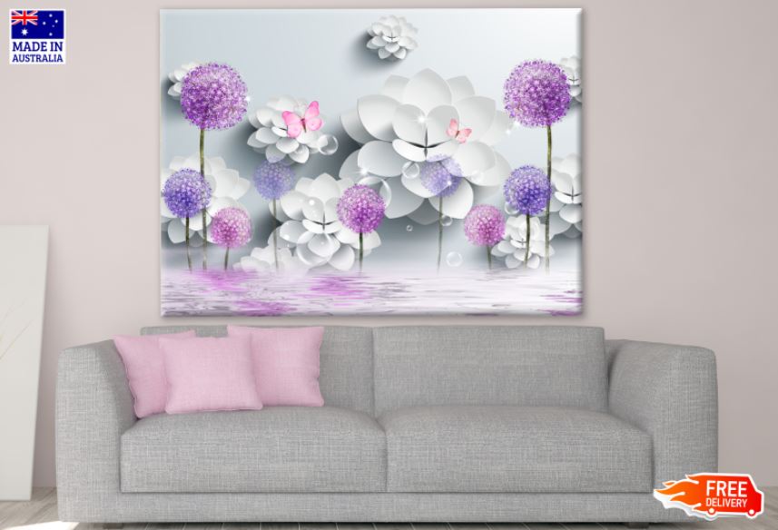 Purple & White Flowers 3D Design Print 100% Australian Made