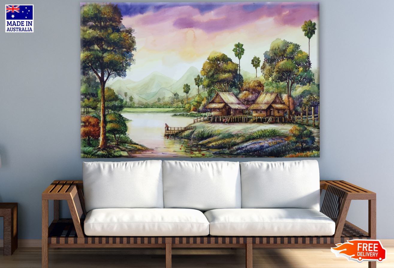 Village House & Forest Oil Painting Print 100% Australian Made