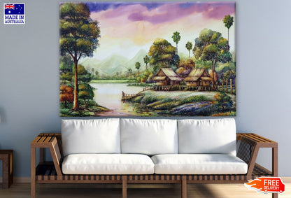 Village House & Forest Oil Painting Print 100% Australian Made