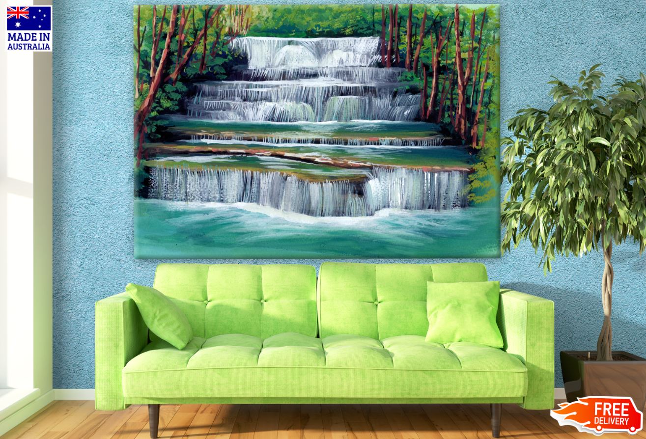 Colorful Waterfall in Forest Oil Painting Print 100% Australian Made