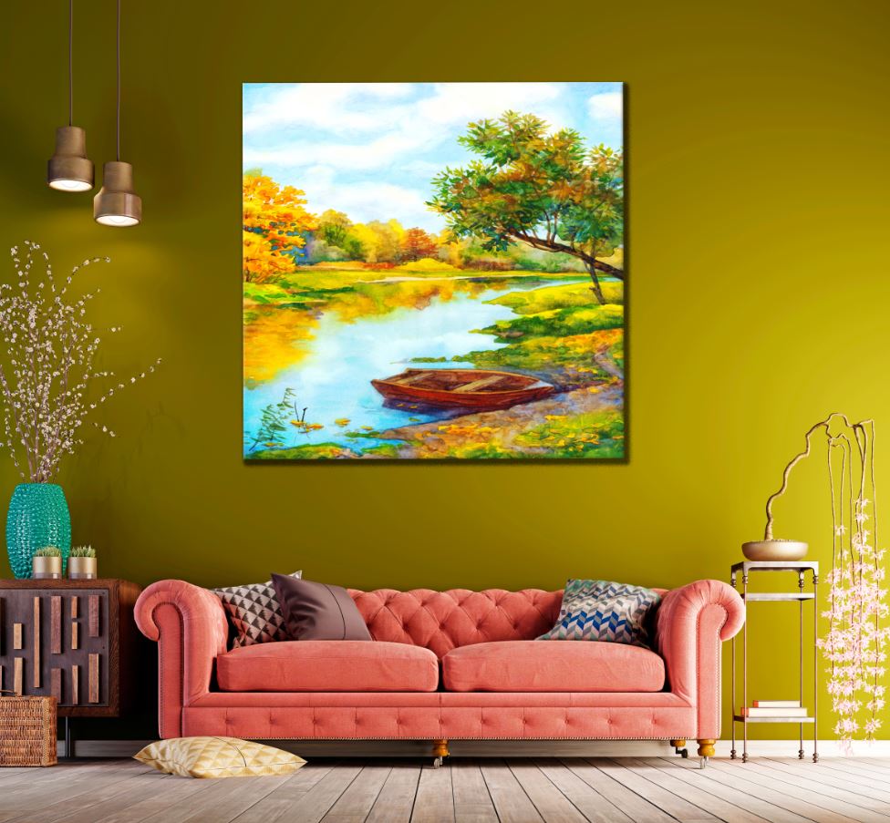 Square Canvas Colorful Lake & Forest Watercolor Painting High Quality Print 100% Australian Made