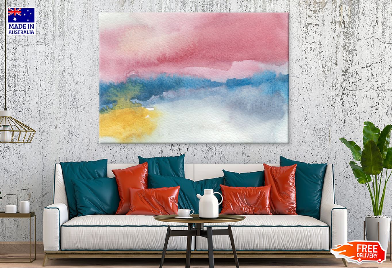 Pink Blue & Yellow Watercolor Abstract Design Print 100% Australian Made
