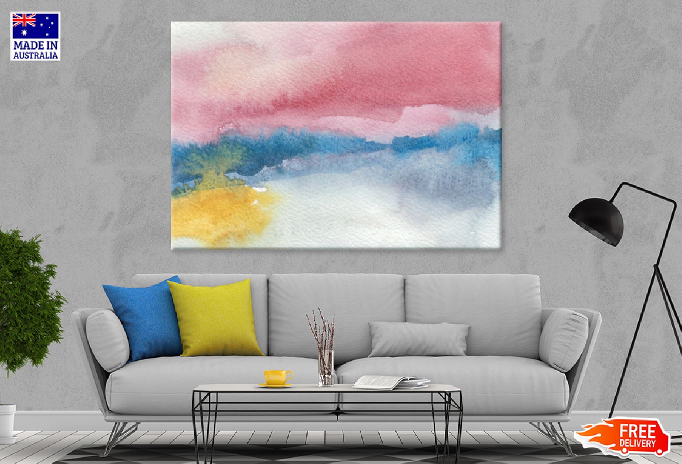 Pink Blue & Yellow Watercolor Abstract Design Print 100% Australian Made