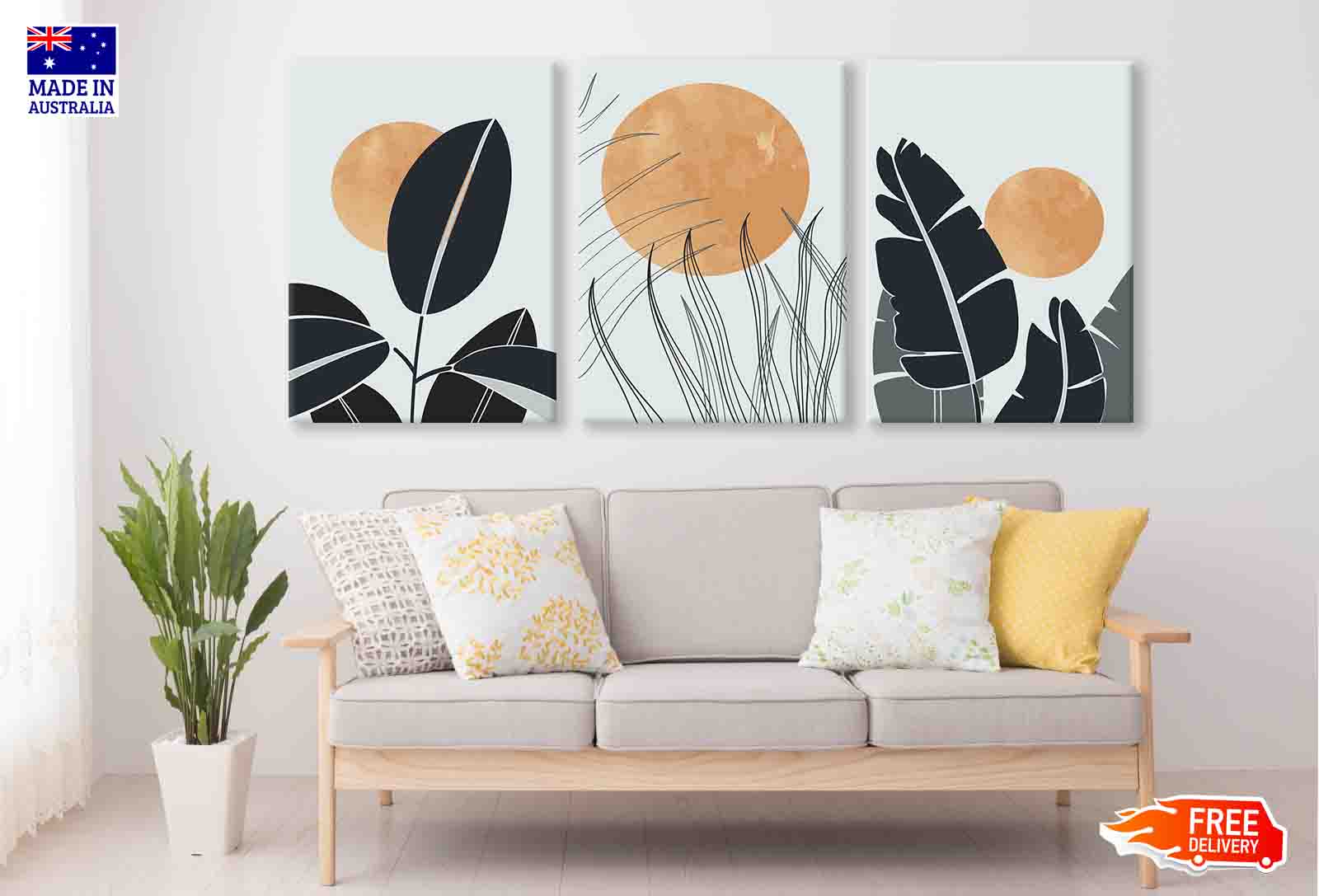 3 Set of Leaves & Moon vector Illustration High Quality Print 100% Australian Made Wall Canvas Ready to Hang