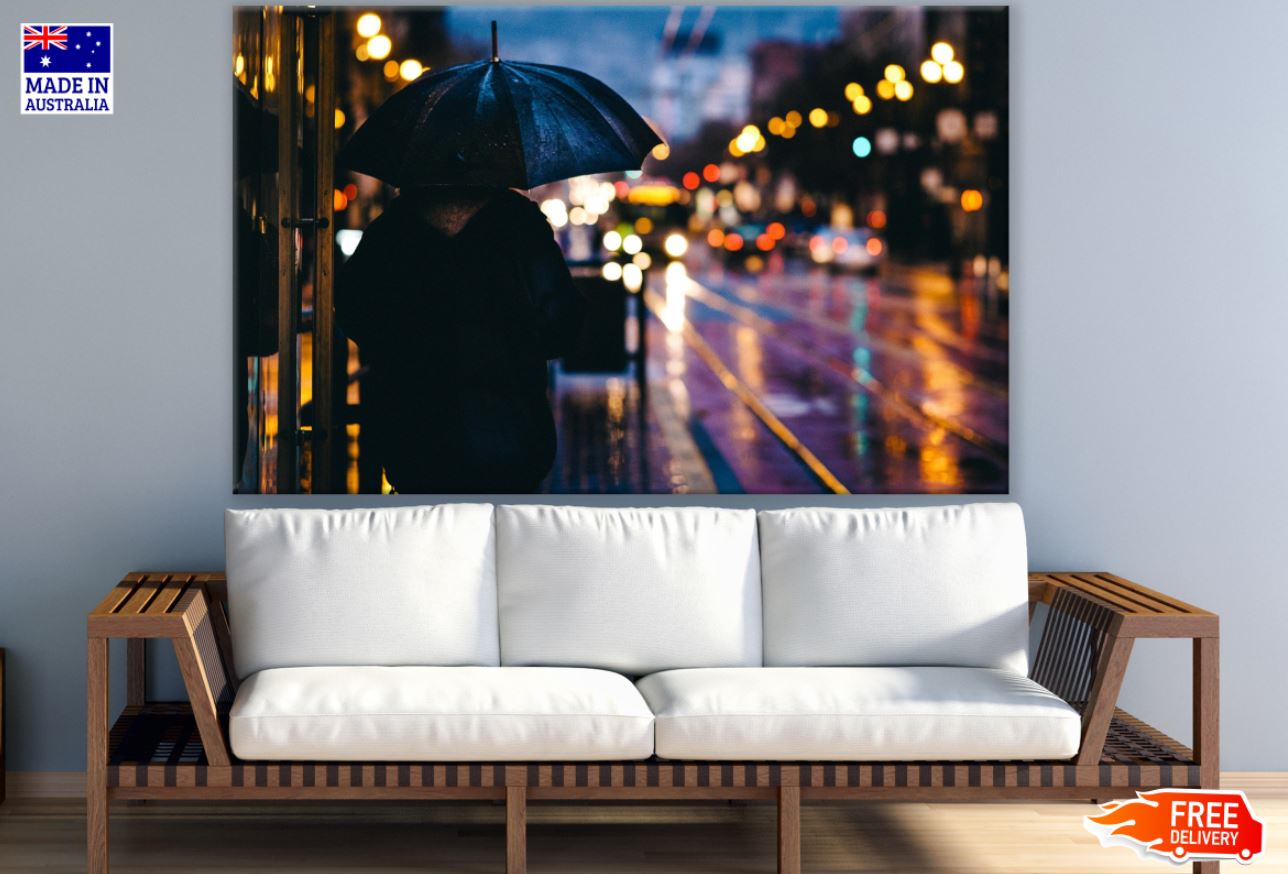 Man with Umbrella Night Street Print 100% Australian Made