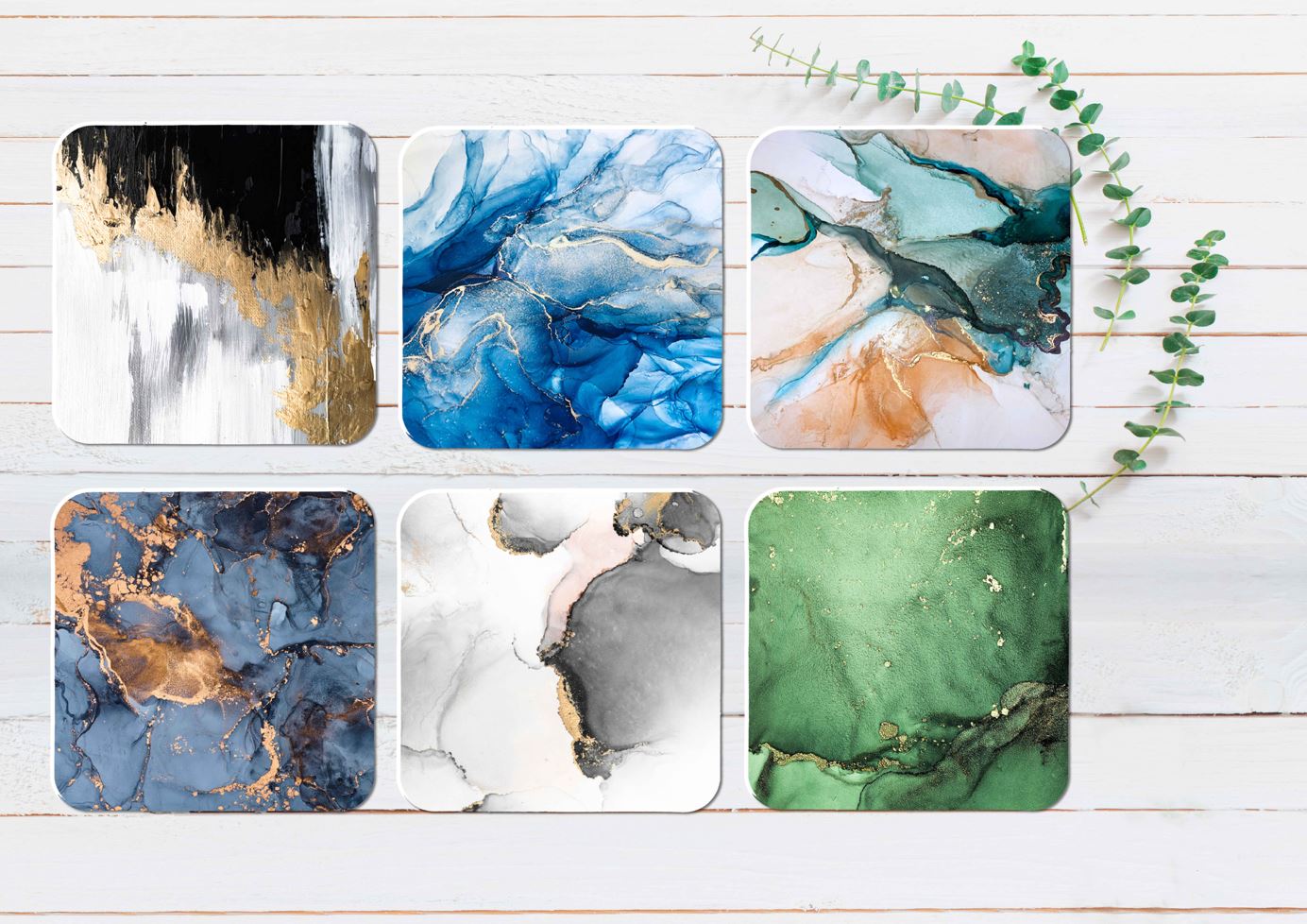 Green Blue Grey Gold Abstract Coasters Wood & Rubber - Set of 6 Coasters