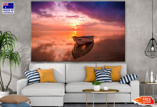 Boat on Sunset Sea Scenery View Print 100% Australian Made