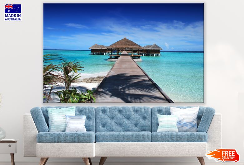 Resort On Wooden Pier Over the Sea Scenery Photograph Print 100% Australian Made