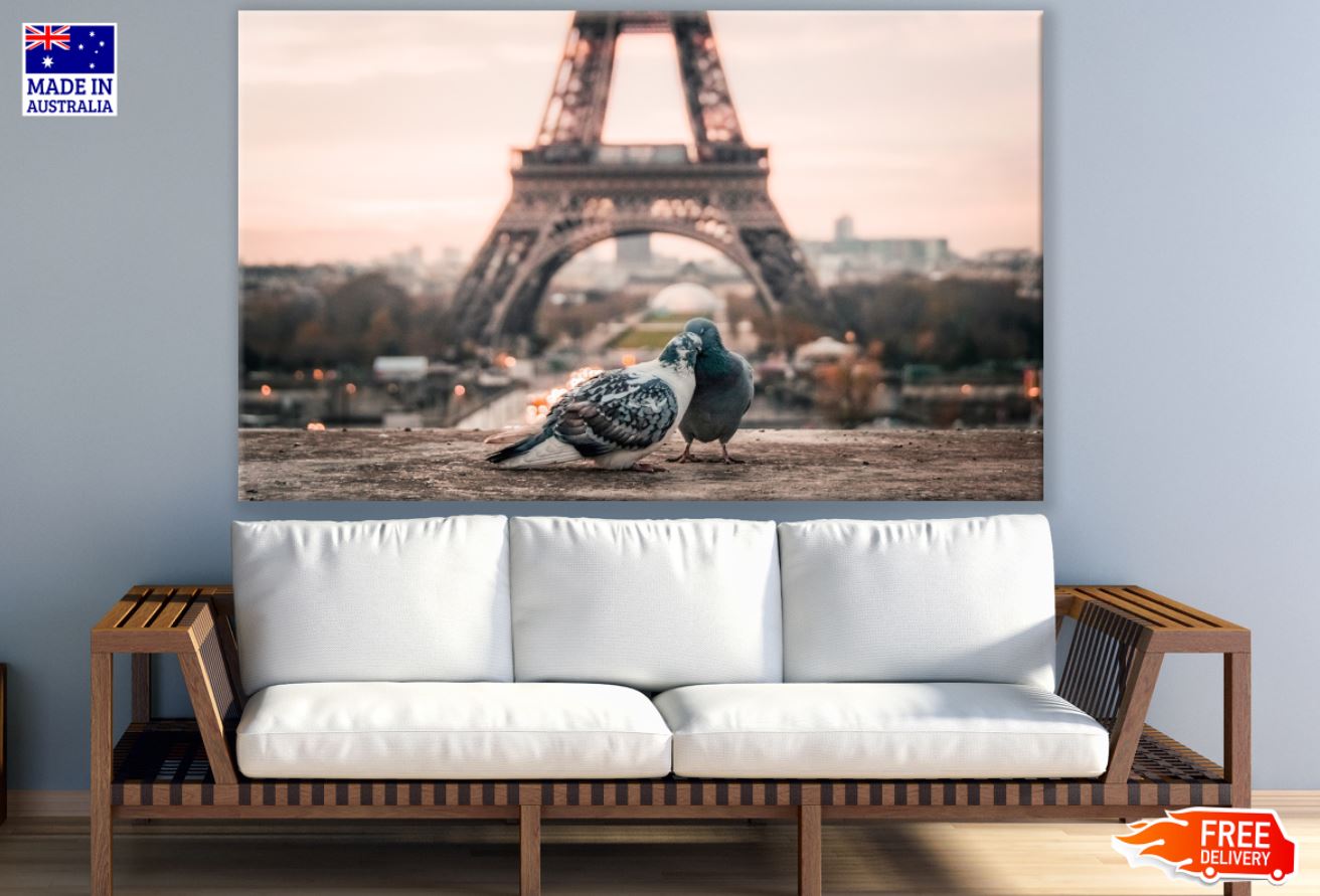 Pigeons Near Eiffel Tower View Print 100% Australian Made