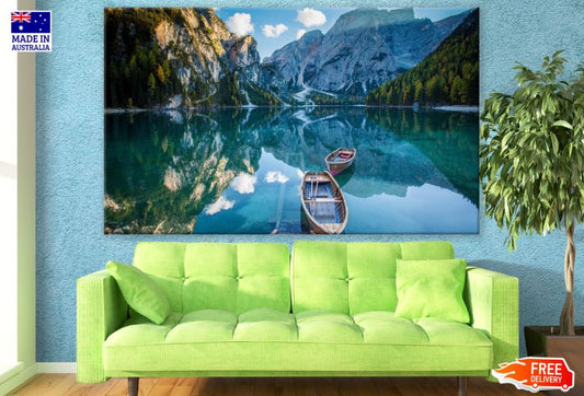 Boats on Mountain Lake & Forest Photograph Print 100% Australian Made