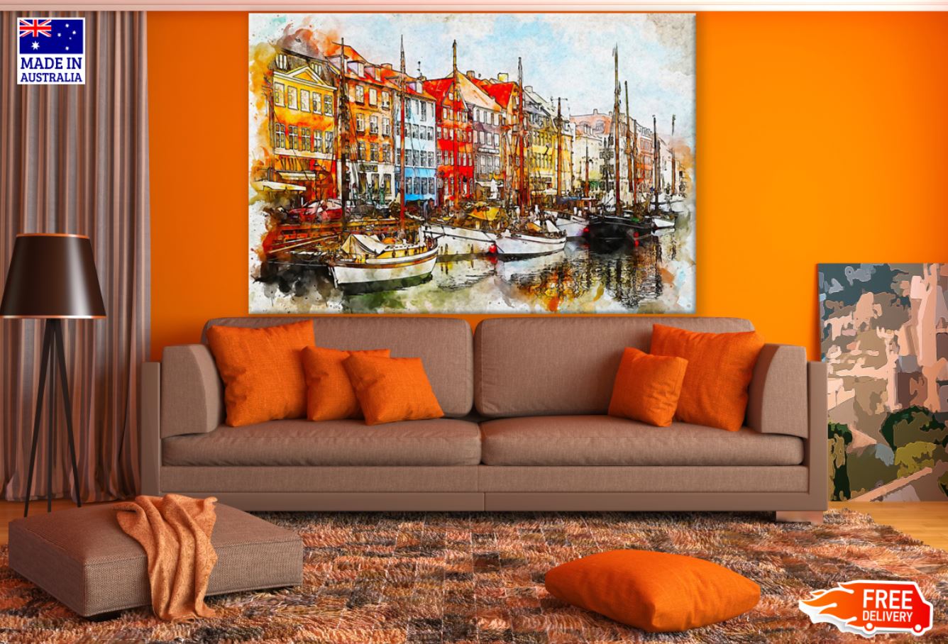 Boats on Canal in City Painting Print 100% Australian Made