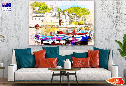 Boats on Canal in City Painting Print 100% Australian Made