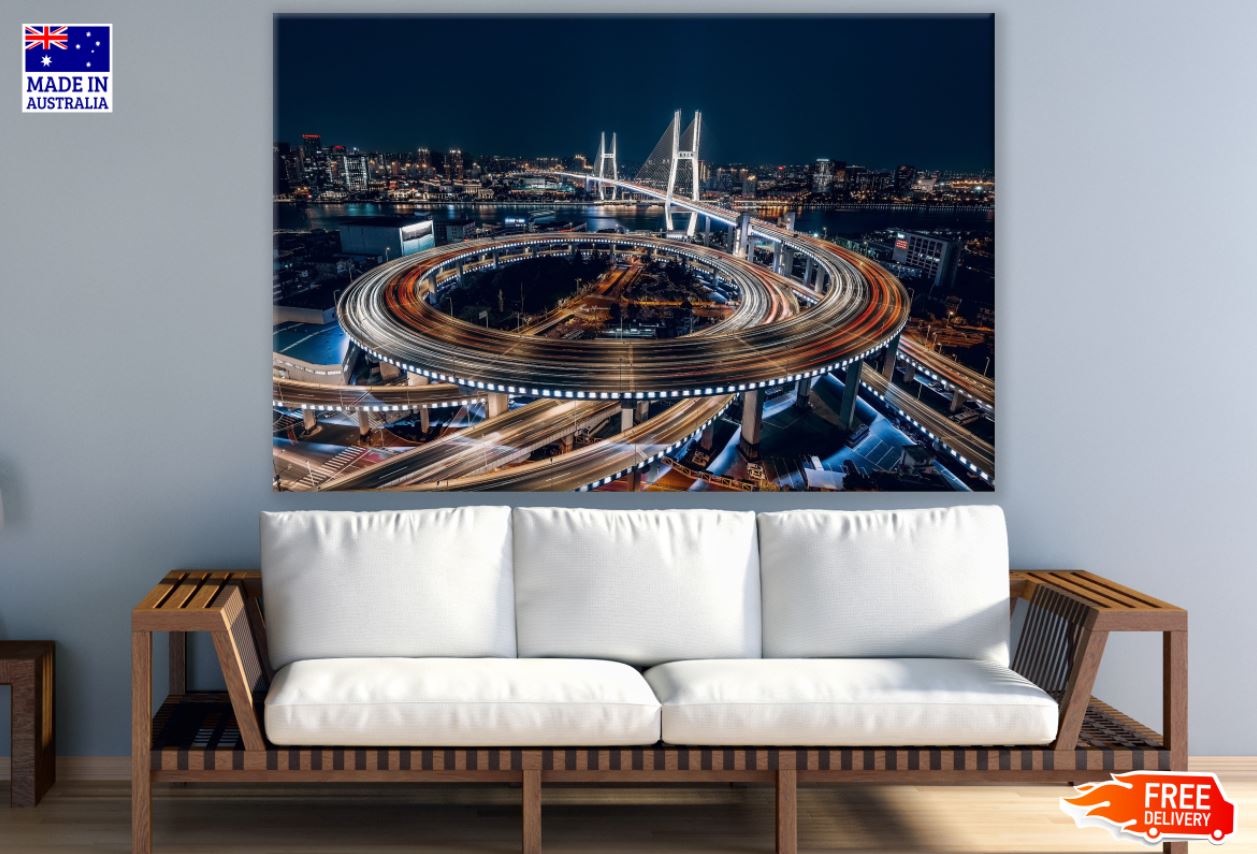 Colorful City Flyovers Night View Print 100% Australian Made