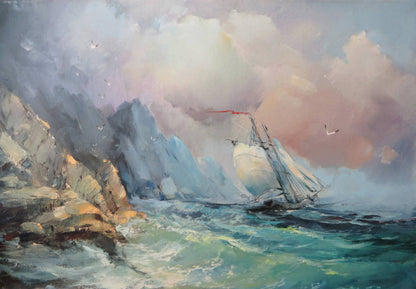 Rough Sea & Ship Watercolor Paint Print 100% Australian Made
