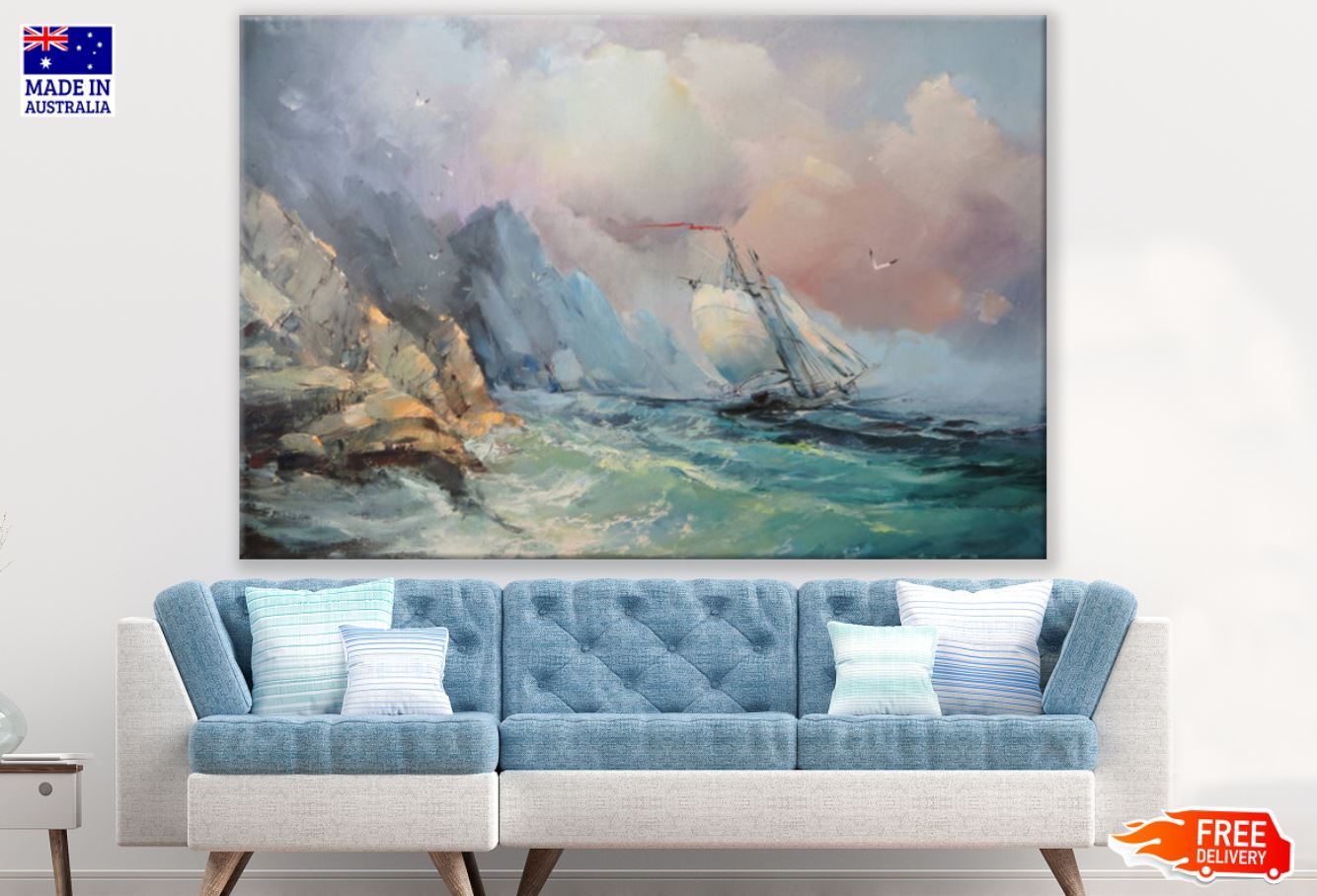 Rough Sea & Ship Watercolor Paint Print 100% Australian Made