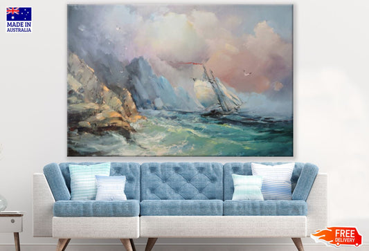Rough Sea & Ship Watercolor Paint Print 100% Australian Made