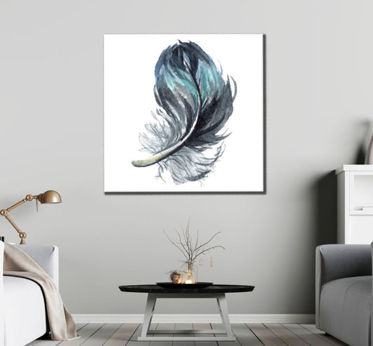 Square Canvas Blue & Black Feather Painting High Quality Print 100% Australian Made