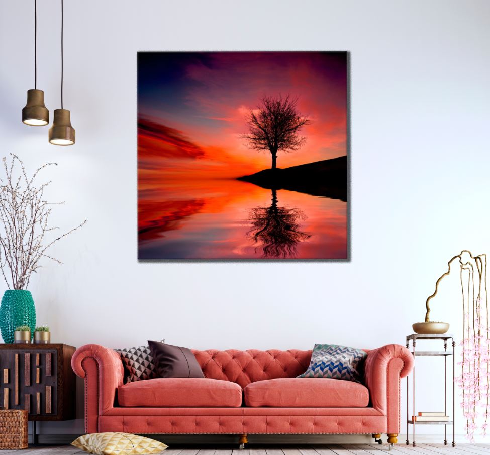 Square Canvas Tree Near Lake Sunset Scenery High Quality Print 100% Australian Made