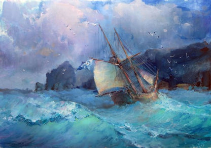 Rough Sea & Ship Watercolor Paint Print 100% Australian Made