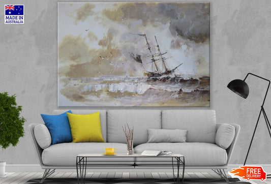 Ship & Rough Sea Watercolor Paint Print 100% Australian Made