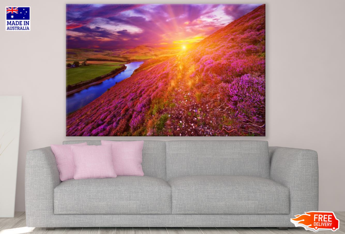 Sunset View Over Flower Field Print 100% Australian Made