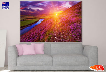 Sunset View Over Flower Field Print 100% Australian Made