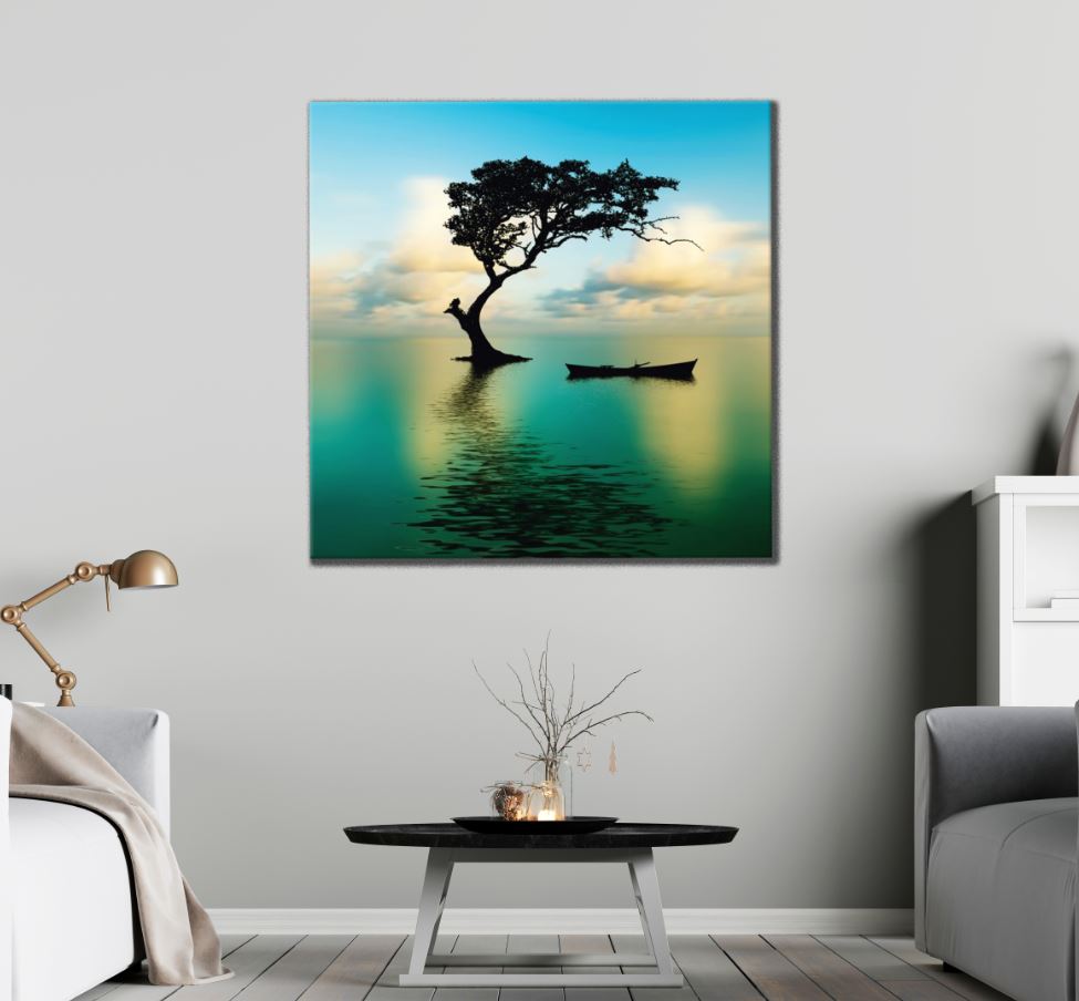 Square Canvas Tree & Boat on Lake Scenery High Quality Print 100% Australian Made